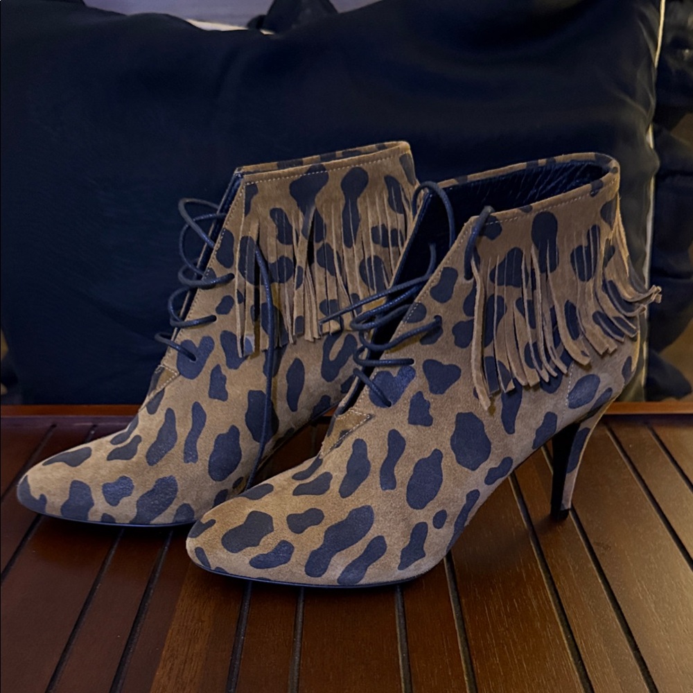 Saint Laurent Anita Brown Leopard Print Heeled Boots - Picture 5 of 6